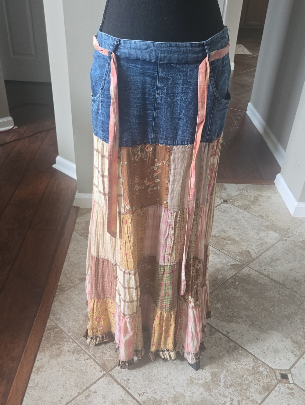 Denim Waist Bohemian Patchwork Maxi Skirt in Blue and Cream